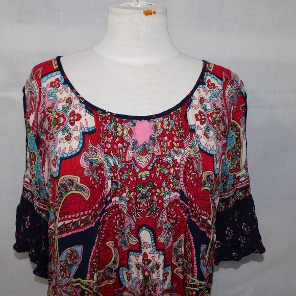 Bila Womens XL Rayon Cold Shoulder multicolour Short Sleeve Peasant Top Blouse - Picture 2 of 12